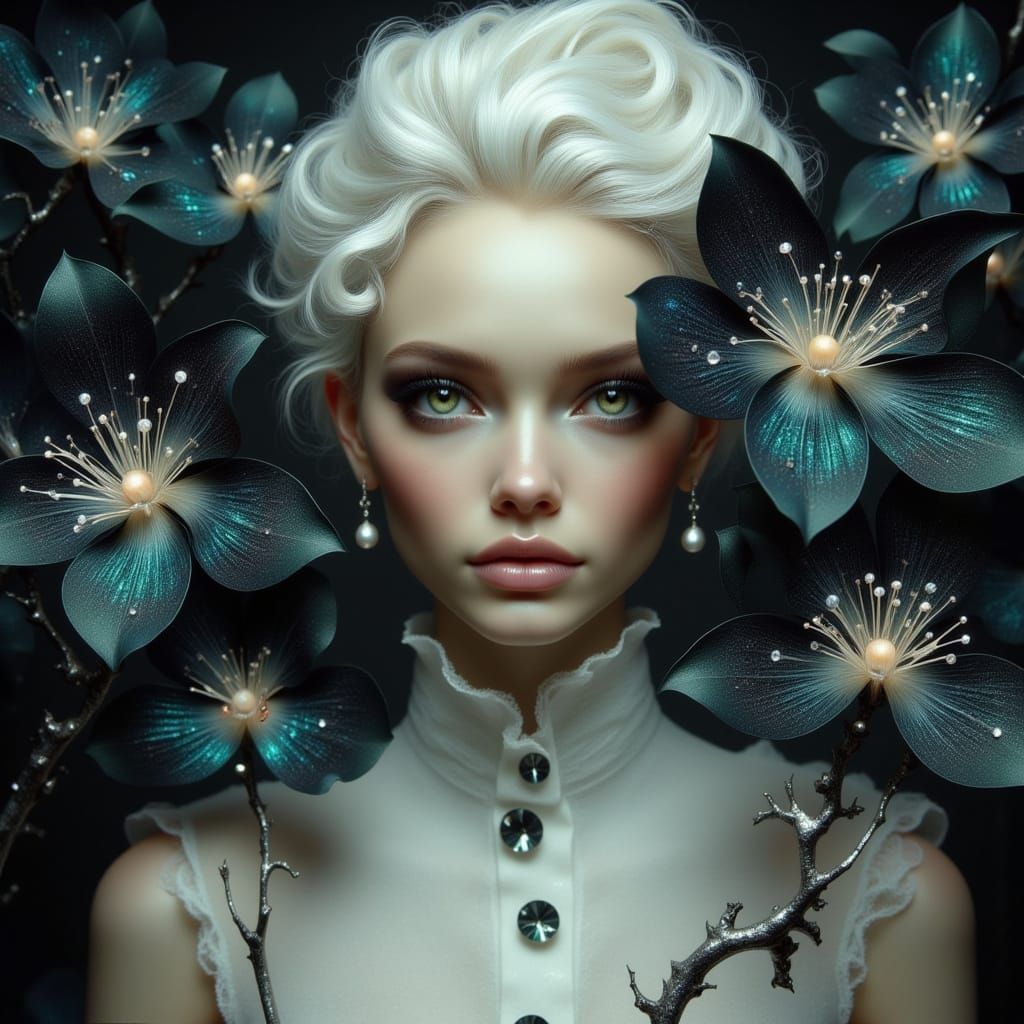Ethereal Albino Woman with Orchids, in Ash Thorp Style