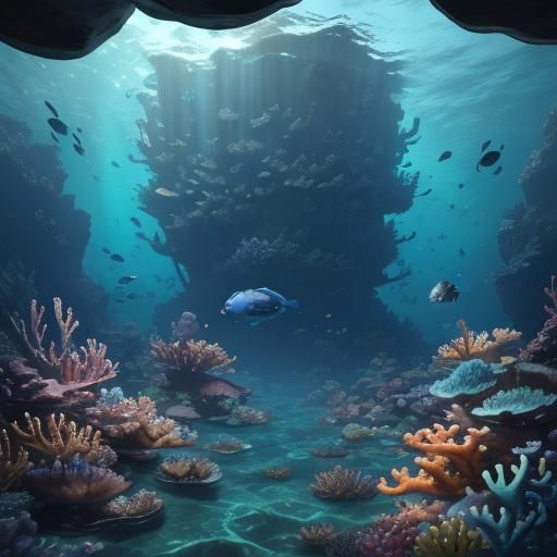Underwater Coral Reef Cave with Treasures