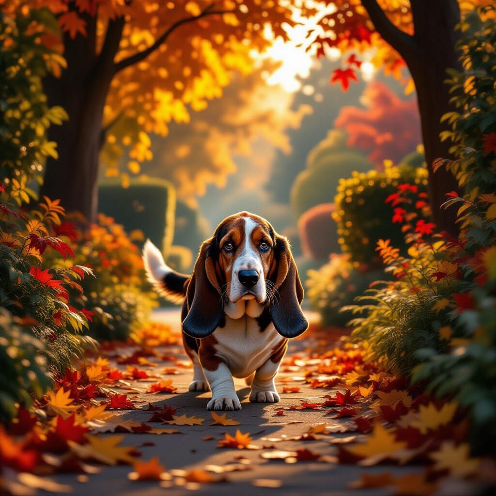 Basset Hound on Autumn Garden Path