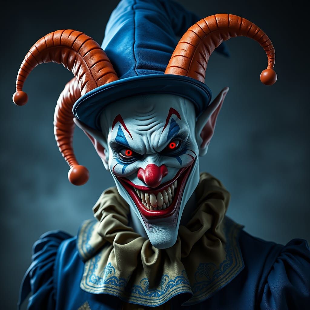 Sinister Jester in Dramatic Clown Makeup and Twisted Horns