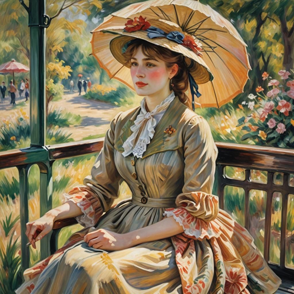 Impressionist Woman on a Train with Parasol
