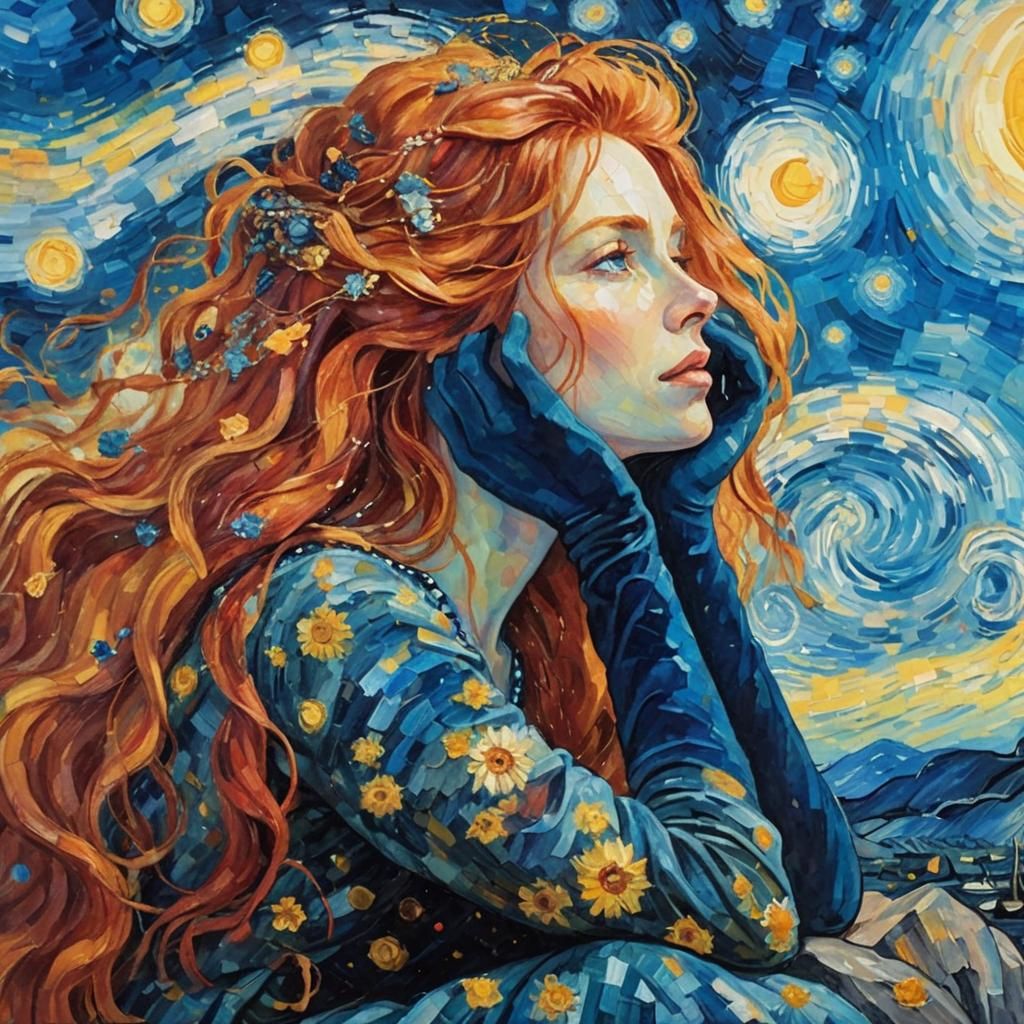 Woman with Red Hair in Starry Night Impression