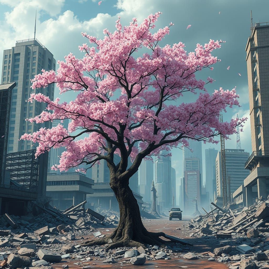 Sakura Tree Blooms Amidst Ruins in a Futuristic Dystopia