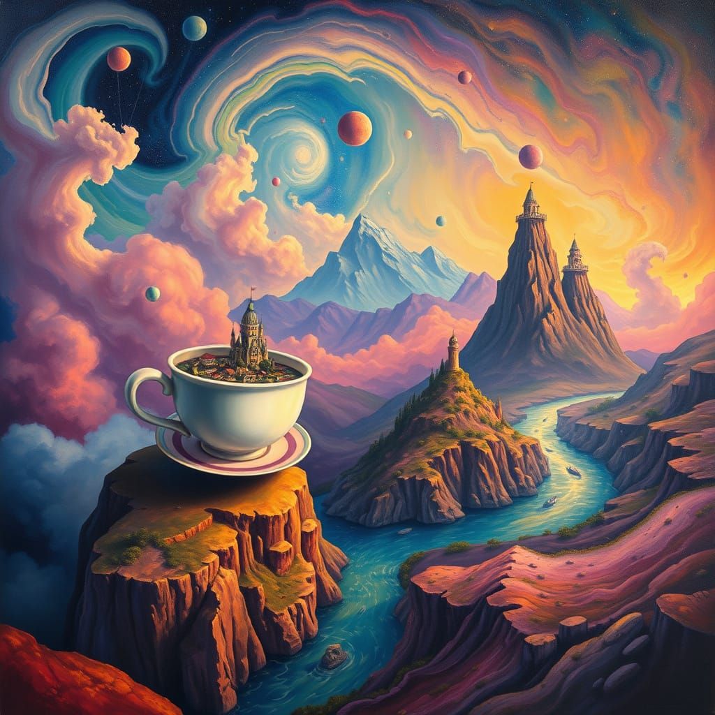 Whimsical Surrealist Landscape with Floating Objects