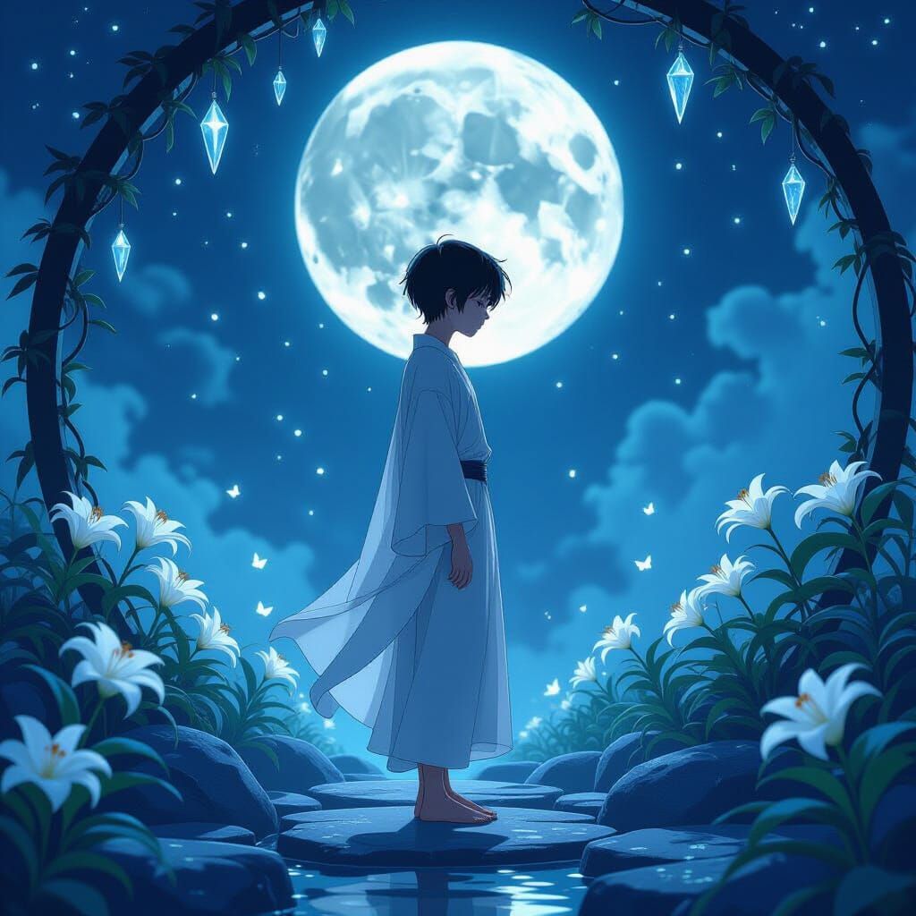 Moonlit Garden: Androgynous Figure in Anime Style