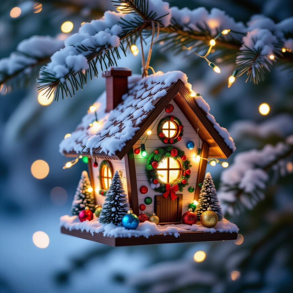 Festive Christmas Birdhouse with Twinkling Lights