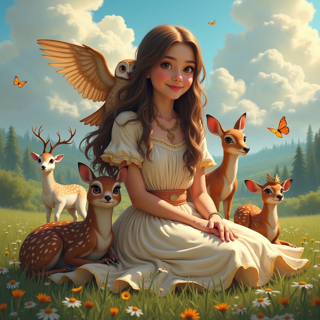 Girl with Animals in Dreamlike Digital Art