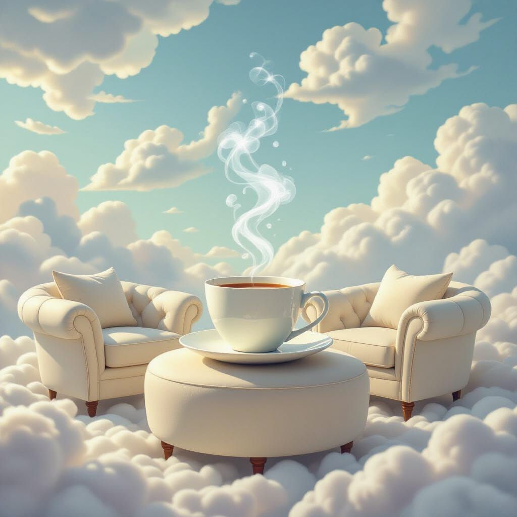 Dreamlike Living Room with Cloud Walls and Floating Furnitur...