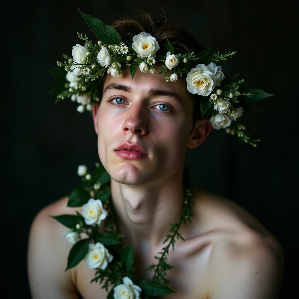 Moody Studio Portrait of Man Adorned with Flowers