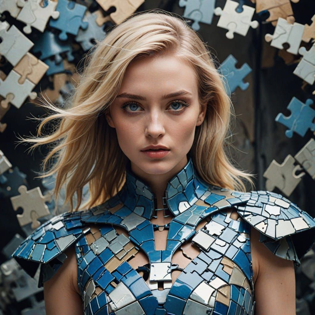 Futuristic Fashion Goddess in Geometric Puzzle Dress
