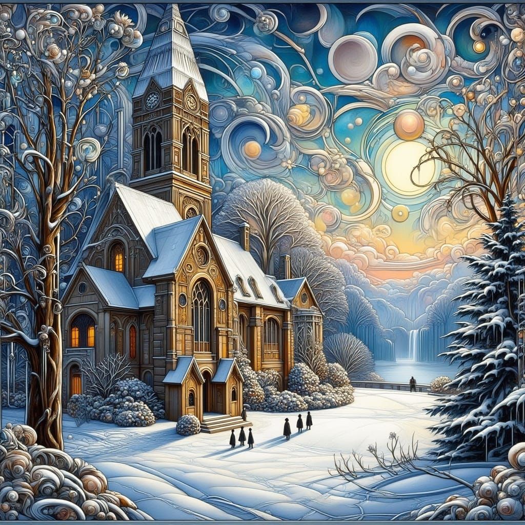 Gothic Church in Winter, Art Deco Nouveau Style