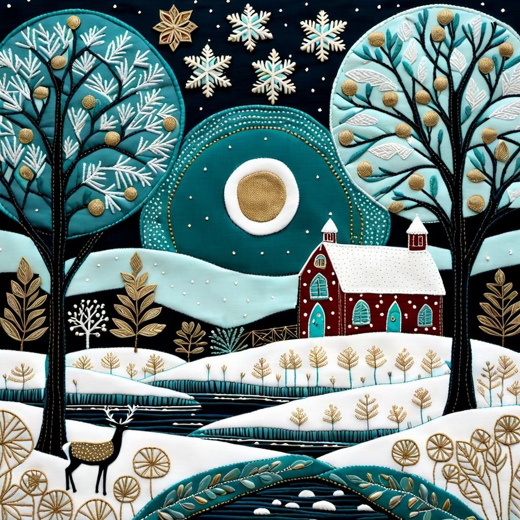 Whimsical Snowy Nighttime Scene in Folk Art Style