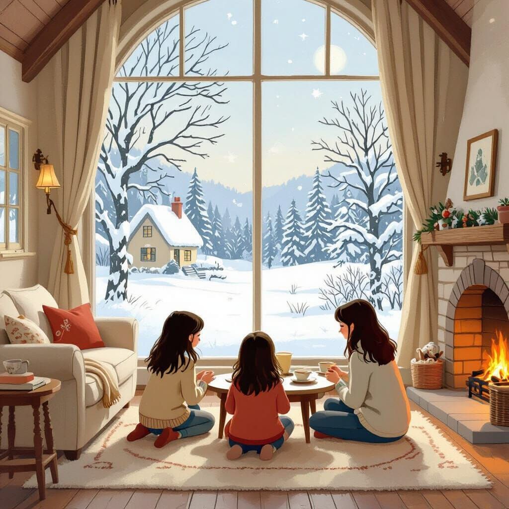 Girls Play in Cozy Winter Home, Whimsical Art Style