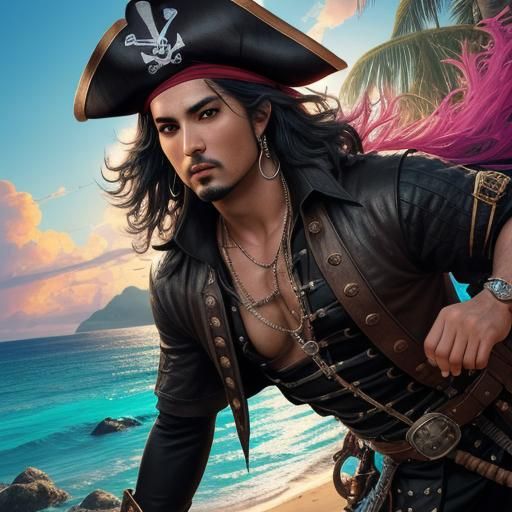Hyperrealistic Pirate Portrait on Tropical Beach