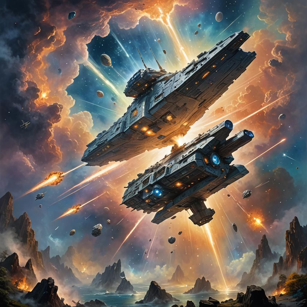 Battle Star Spaceship Fires at Asteroid