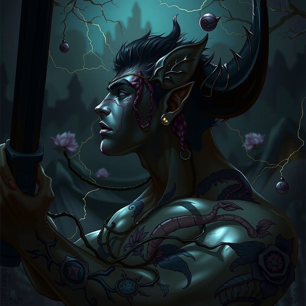 Dark Fae Warrior in Gritty, Macabre Tattooed Splendor