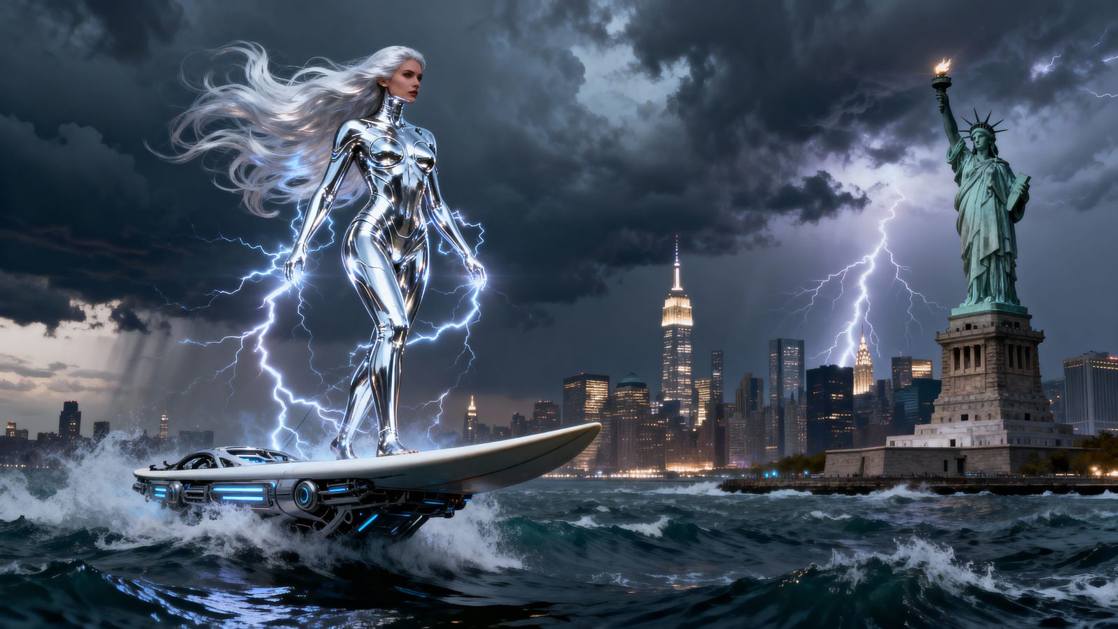 Cosmic Woman on Surfboard Over Stormy NYC