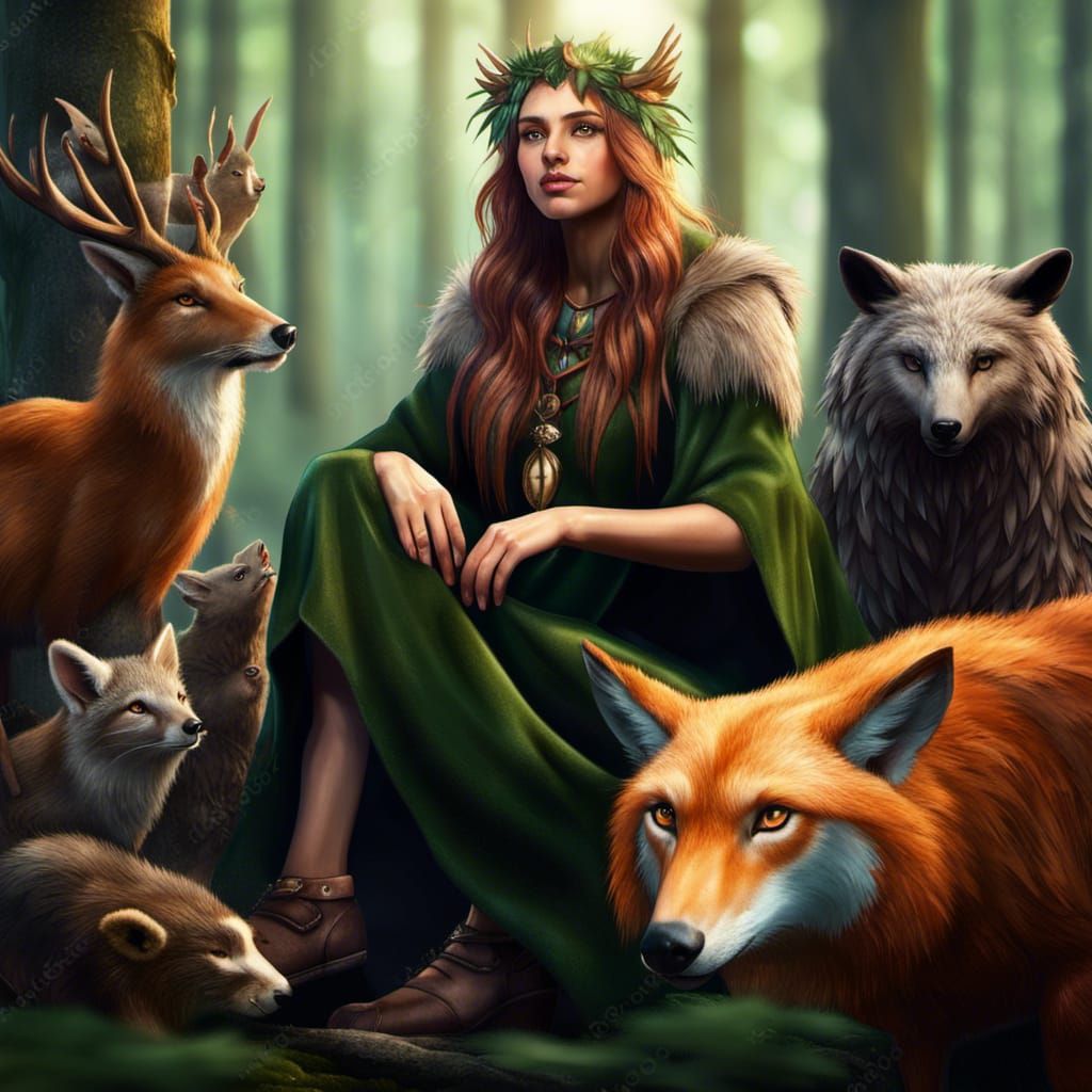 Female Druid with Forest Animals in Hyperrealistic Style