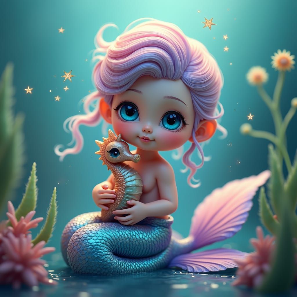 Luminescent Mermaid Cradling Seahorse in Anime Style