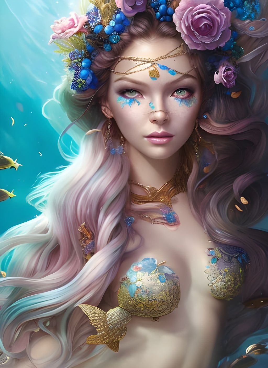Underwater Mermaid Queen in Bioluminescent Garden