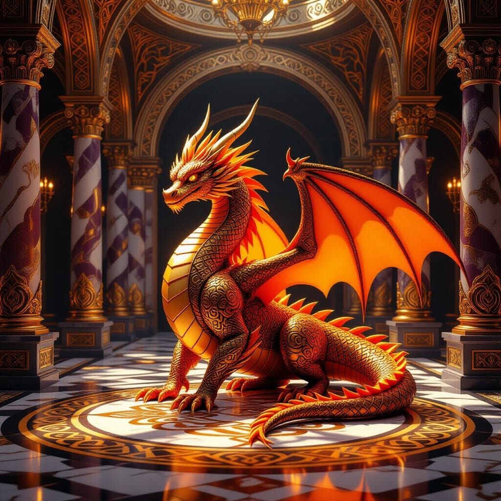 Golden Dragon in Marble Hall - 3D Anime Concept Art