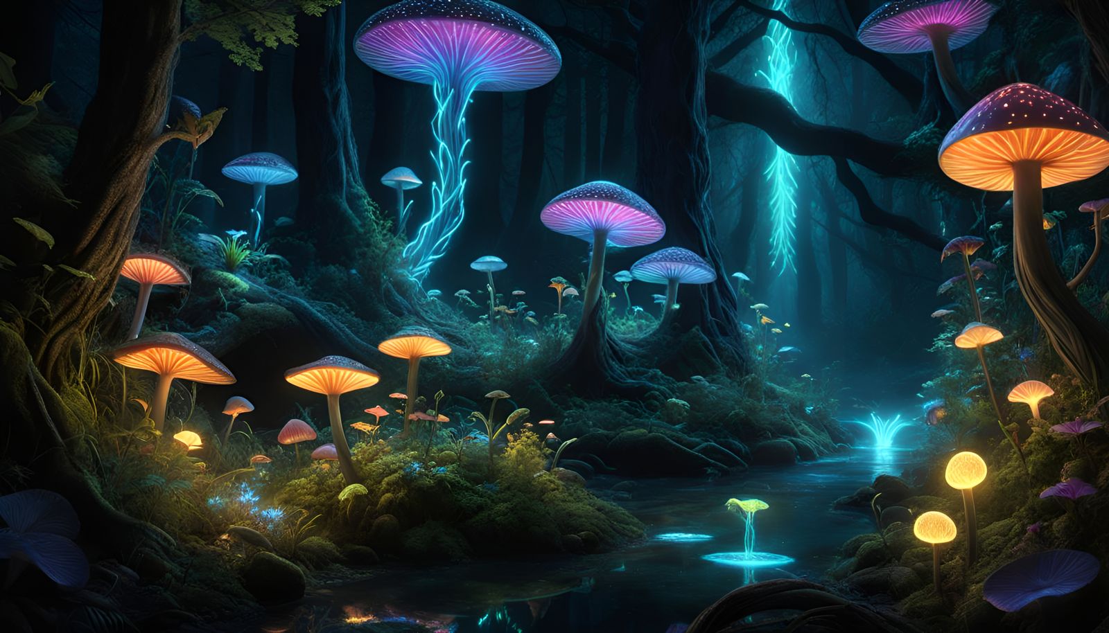 Radiant Bioluminescent Flora in Dark Fantasy Forest