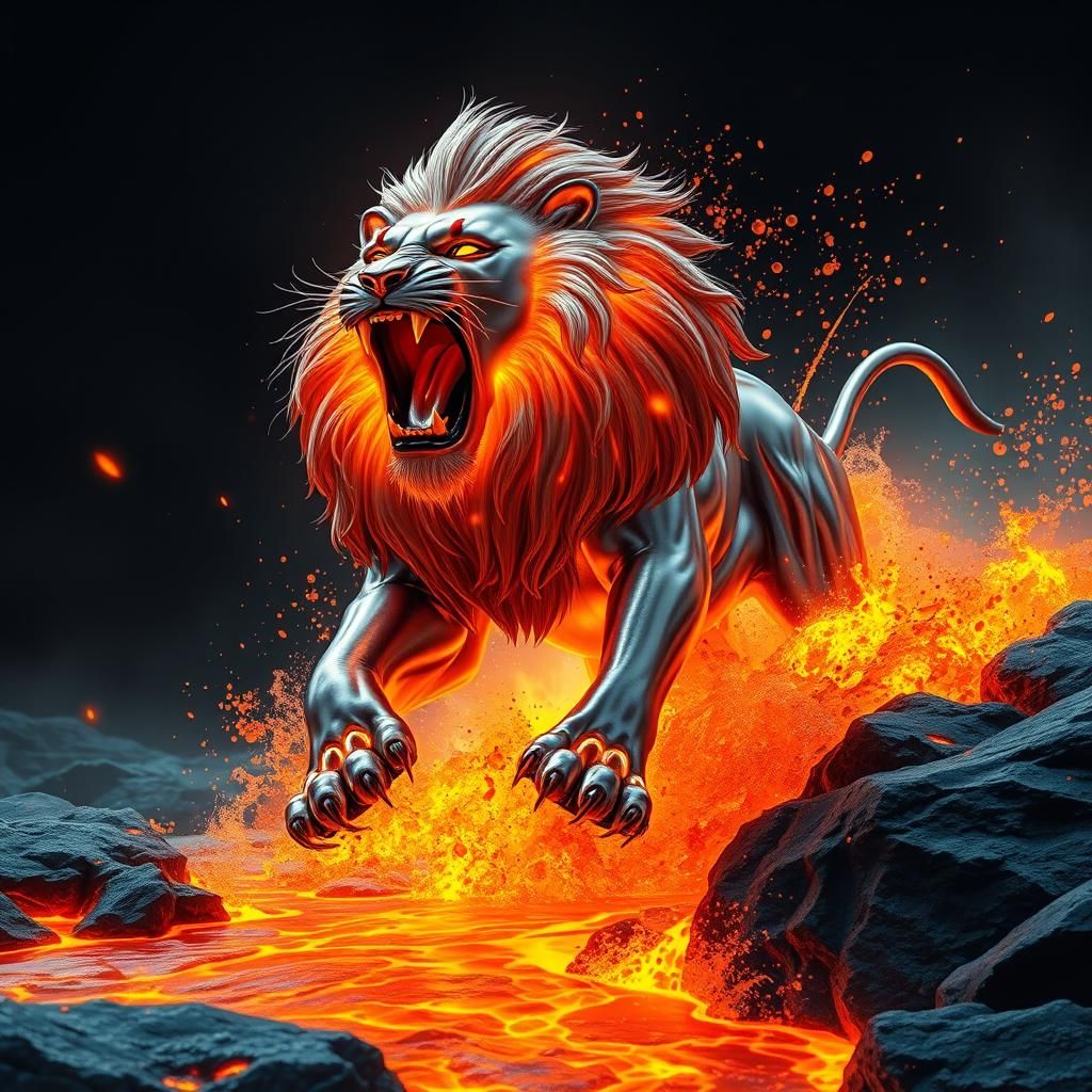 A chrome lion emerging from a river of lava, with its mouth ...