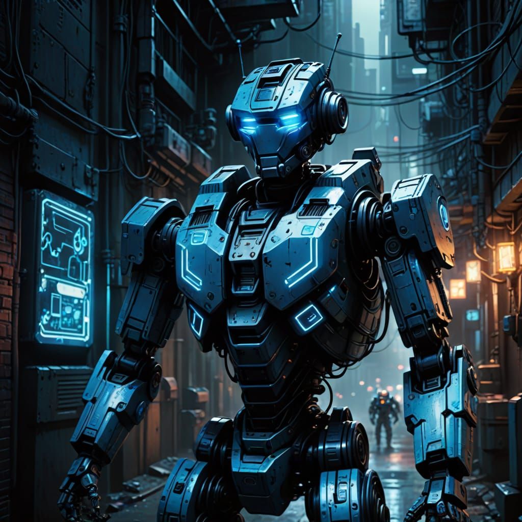 Robotic Cyberpunk Icon in Neon Cityscape