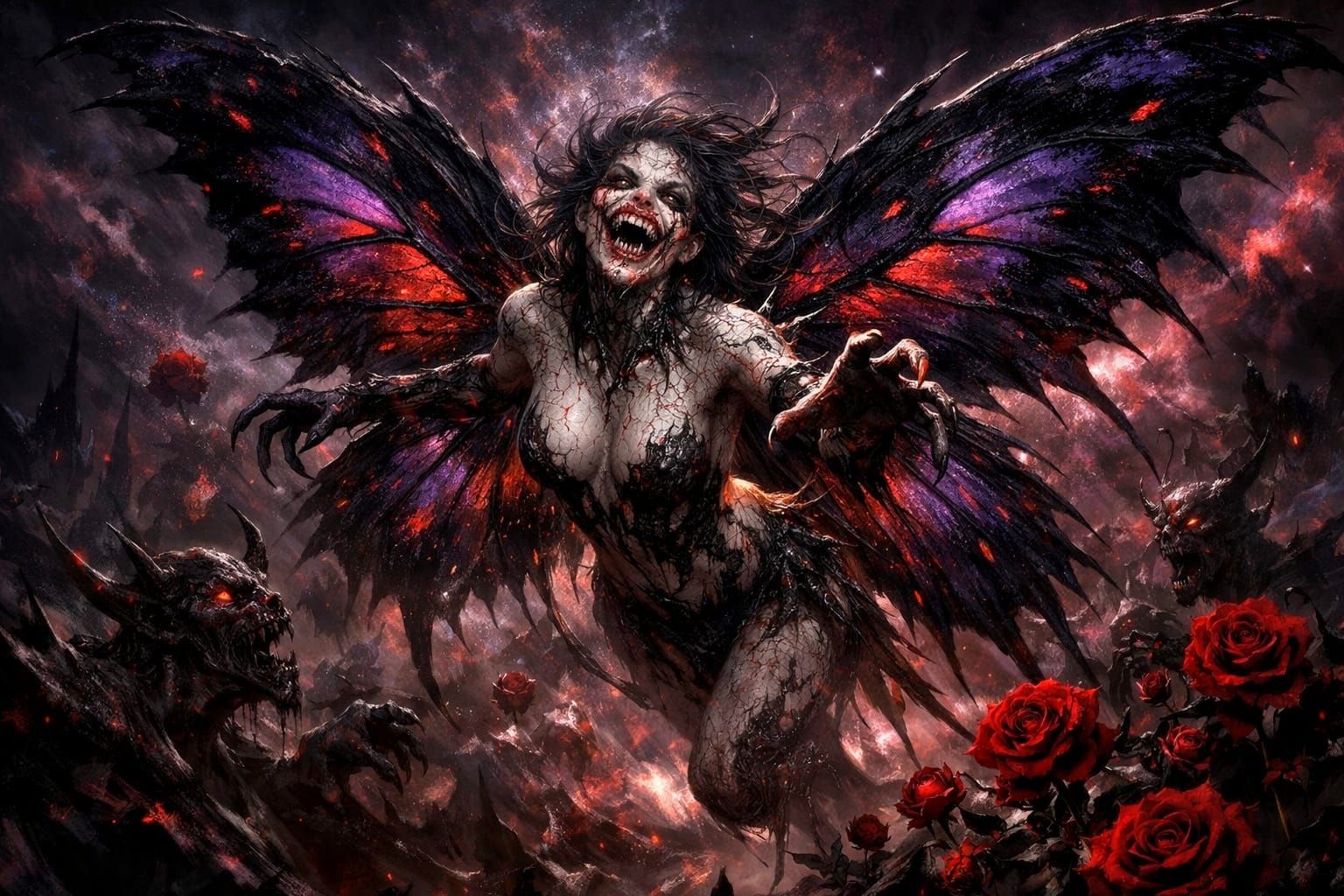 Demonic Butterfly Woman in Dark Dream Galaxy