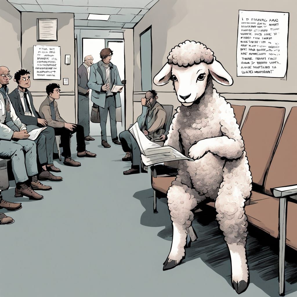 Nervous lamb in a waiting room