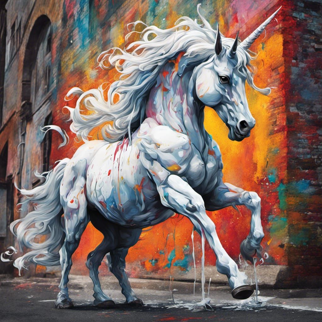 Medieval White Unicorn in Graffiti Art Style