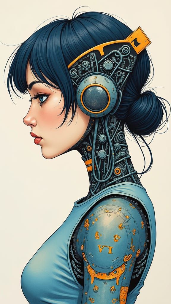 Cyborg Woman Portrait in Junji Ito Style