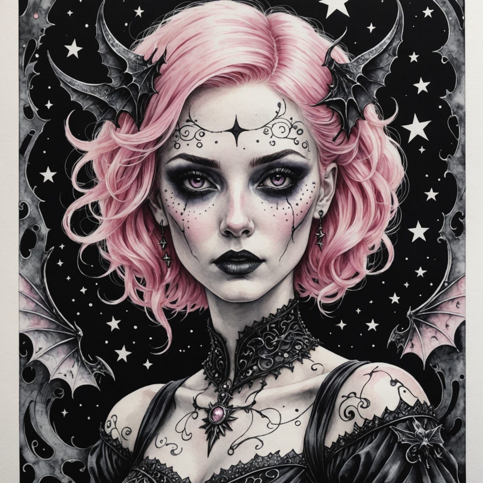 Intricate Ink Portrait of a Pastel Goth Lady