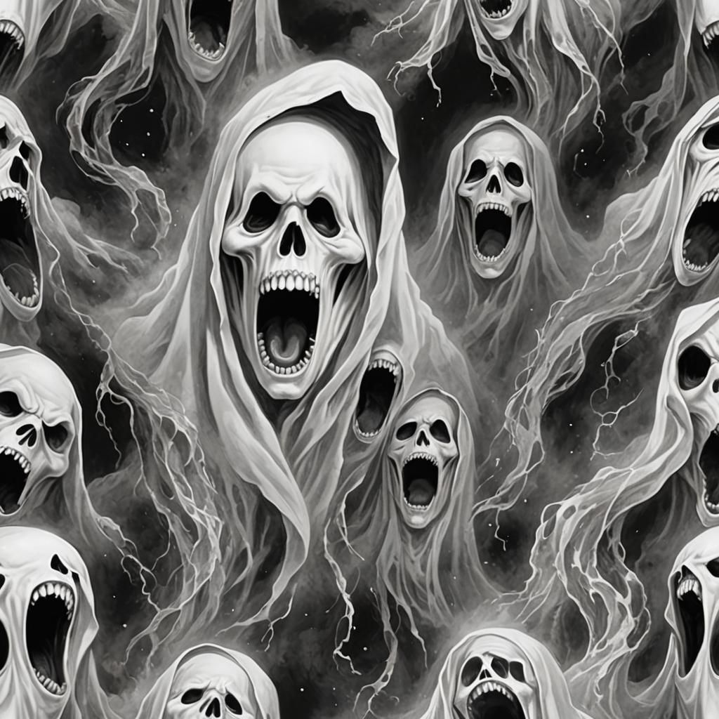 White ghost face lengthend in a scream. Black holes where th...