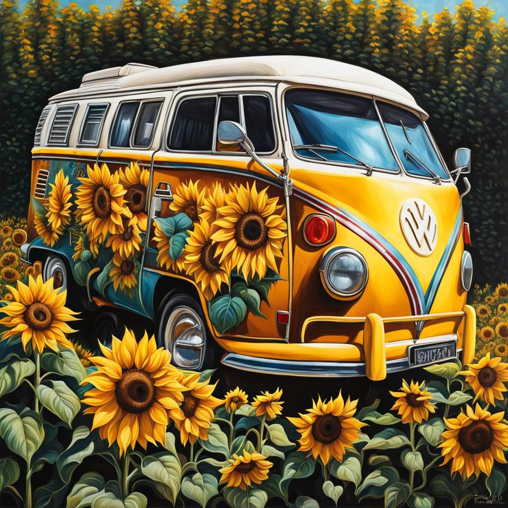 Campervan Surrounded by Sunflowers in Graffiti Art Style