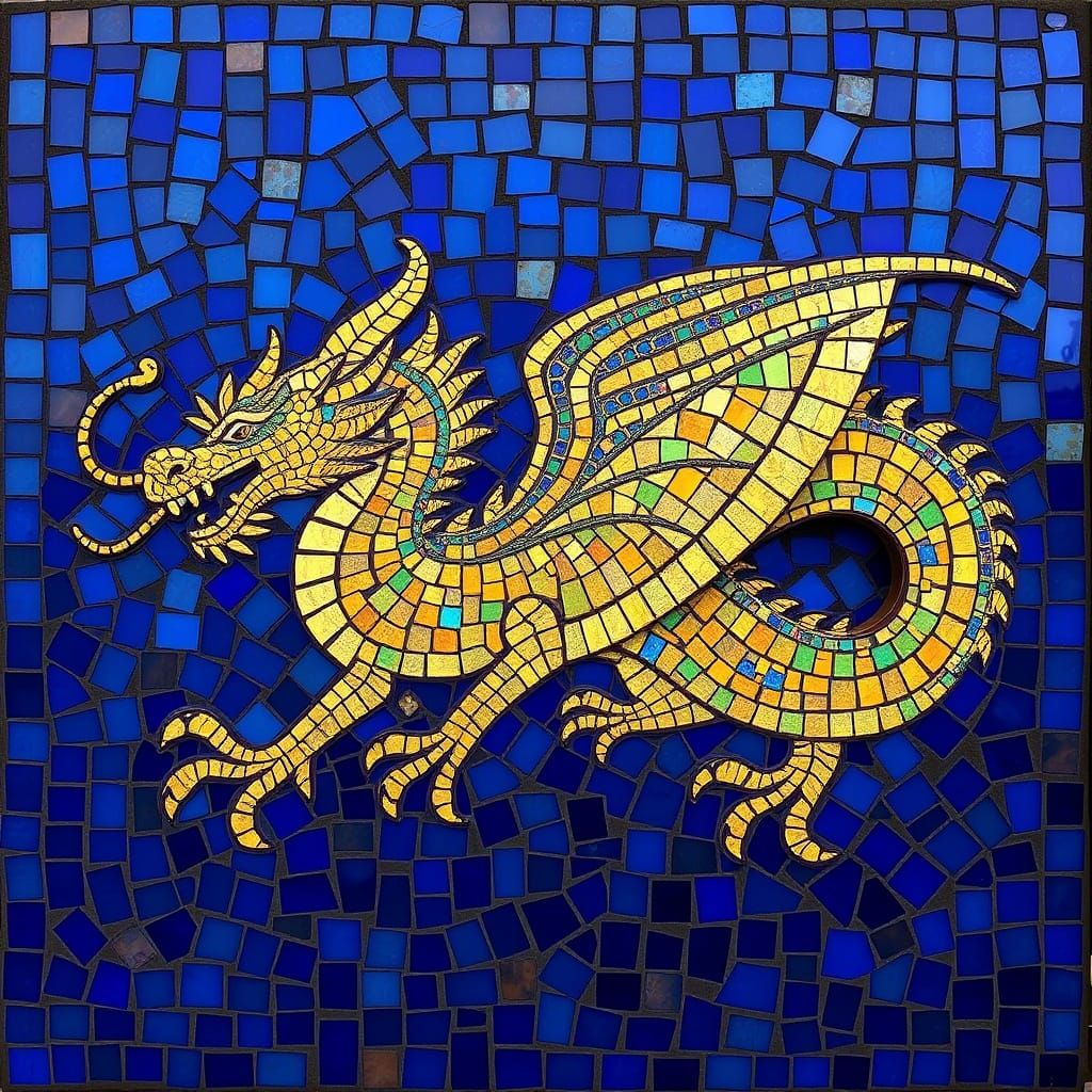 Ancient Byzantine Dragon Mosaic in Iridescent Glass and Gold