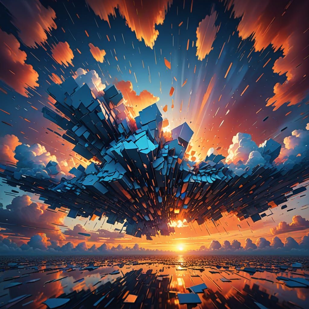 Surreal Sunset Sky Torn Revealing Digital Code