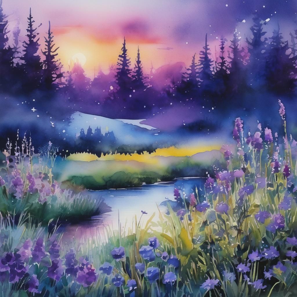 Enchanted Twilight Forest Landscape in Watercolor Style