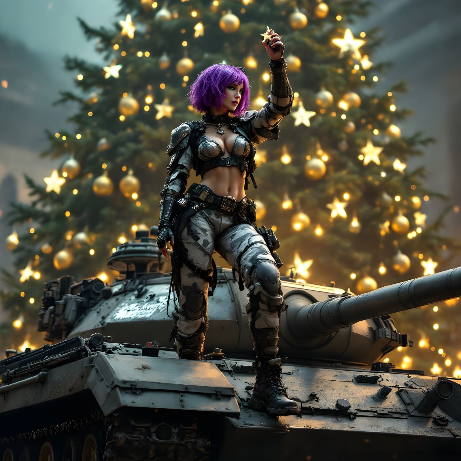 Cyberpunk Female Warrior Adorns Tank with Christmas Tree