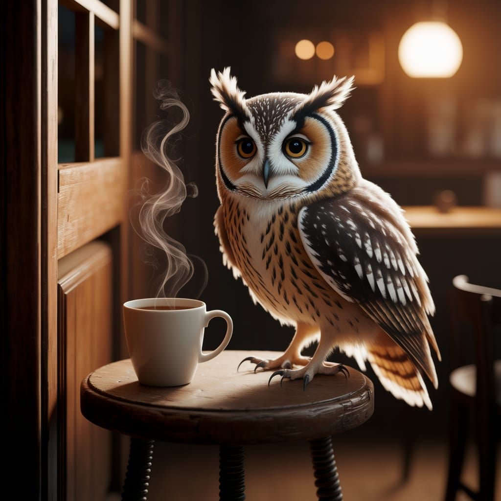 Whimsical Owl Sips Coffee in Vintage Night Café