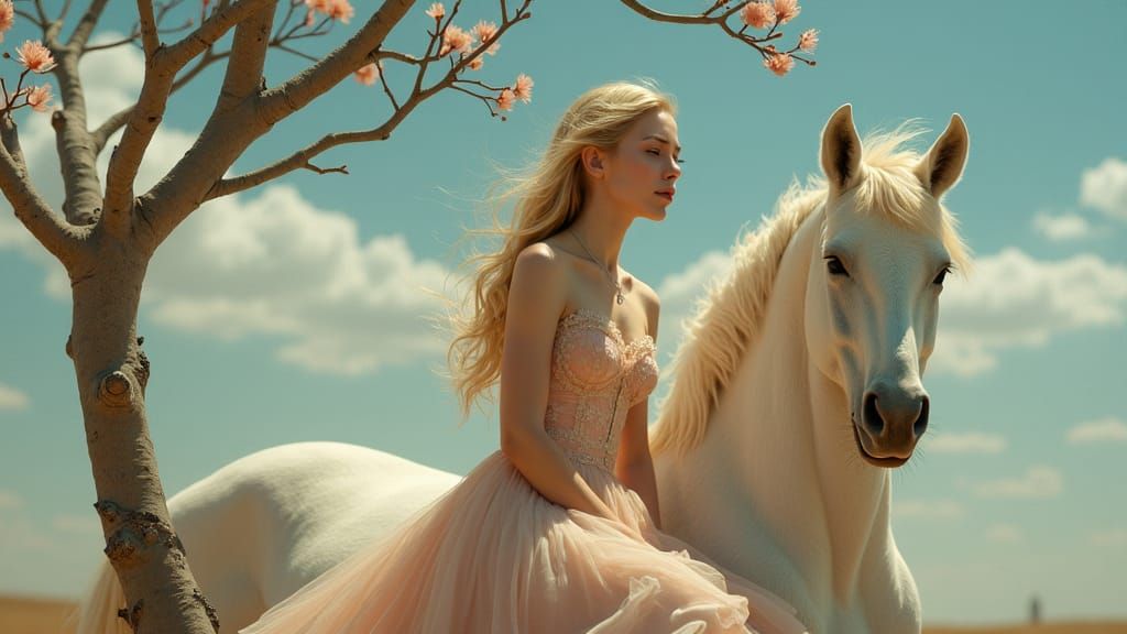 Surreal Dreamscape: Blonde Woman on Antique Swing