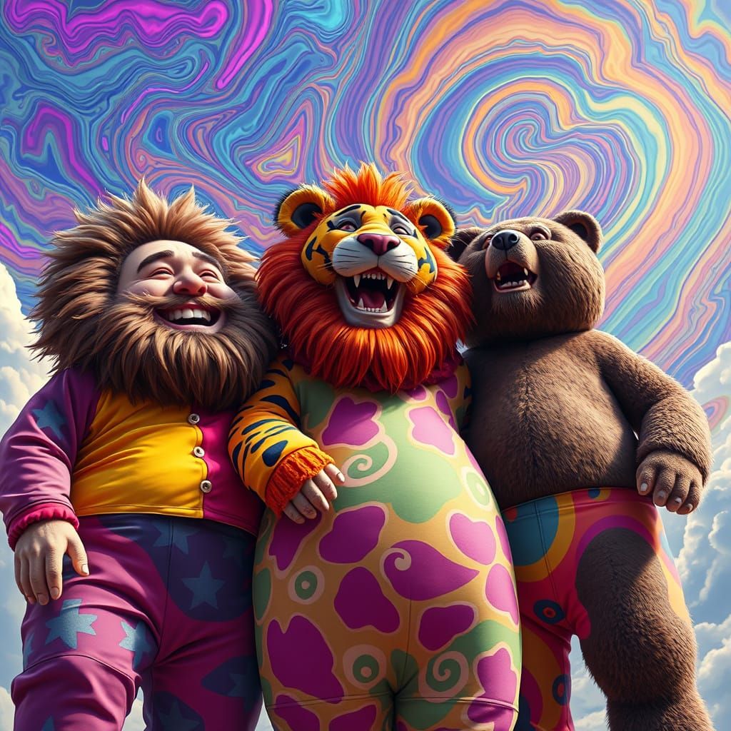 Three Men in Plush Costumes Under Psychedelic Sky