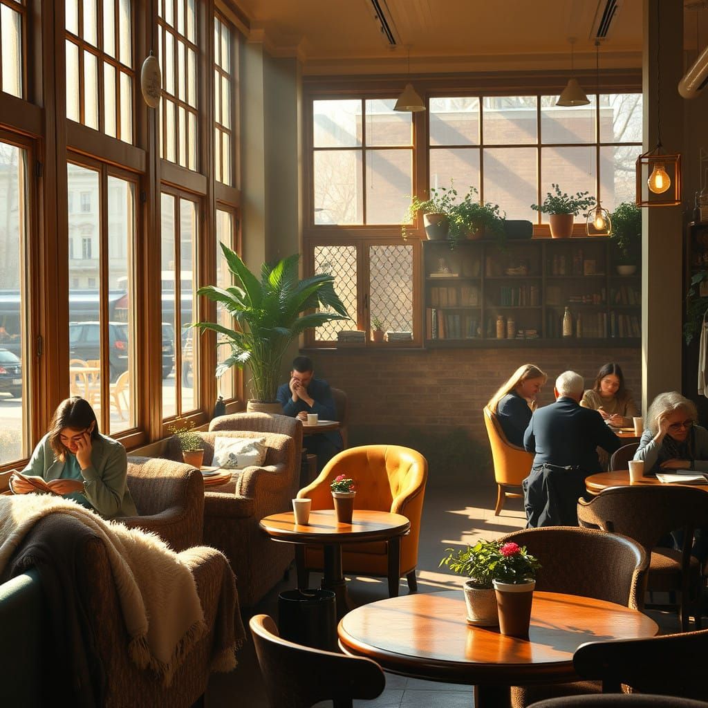 Cozy Coffee Shop Scene in Warm, Inviting Light