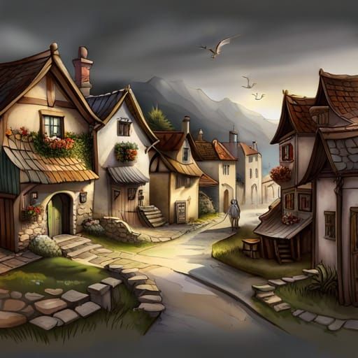 Mountain Village in Watercolor Storybook Style