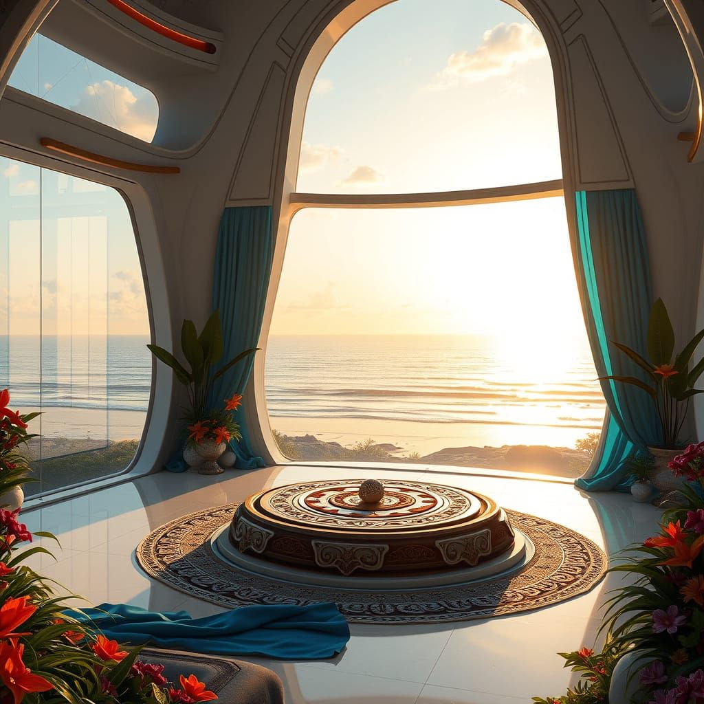 Surreal Futuristic Bedroom Oasis with Majestic Beach Views