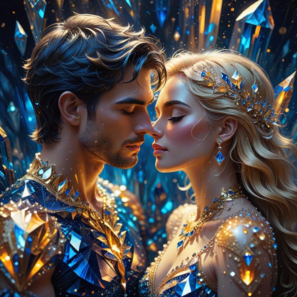 Crystal Embrace: A Romantic Oil Painting in Blue and Gold