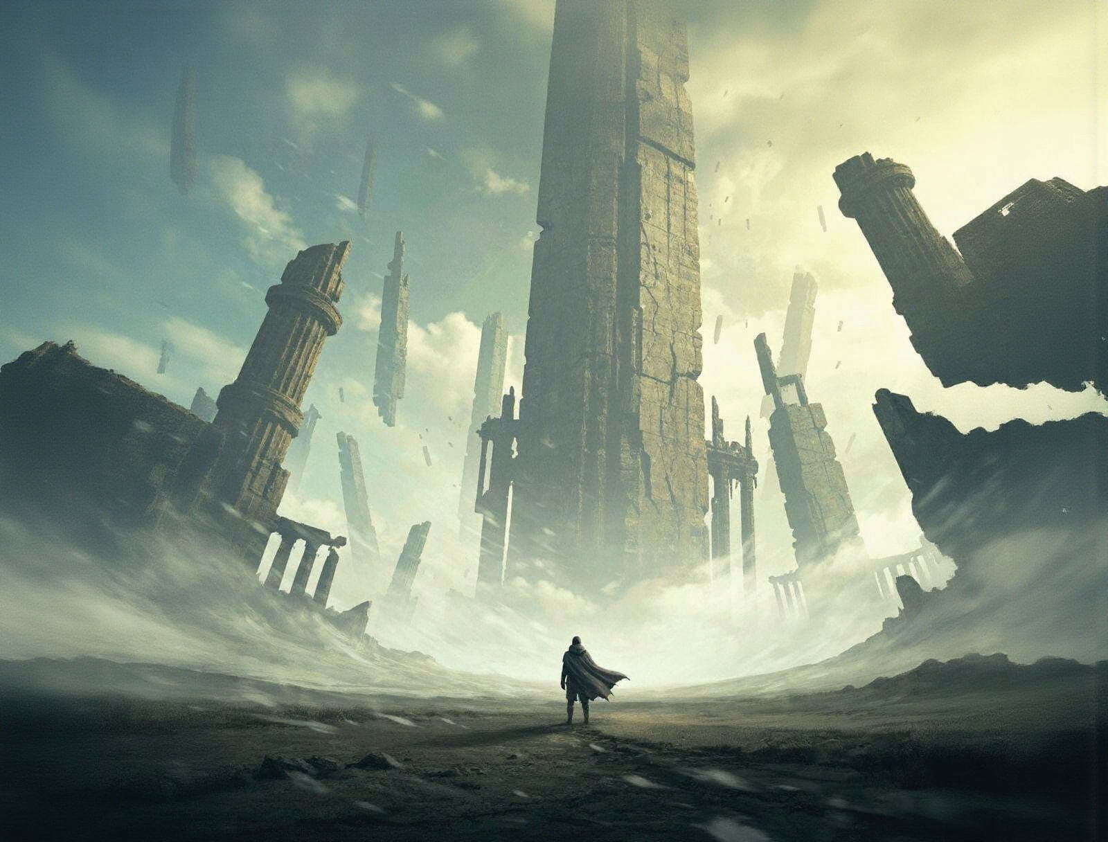 Solitary Figure Amidst Ancient Cosmic Ruins in Digital Paint...