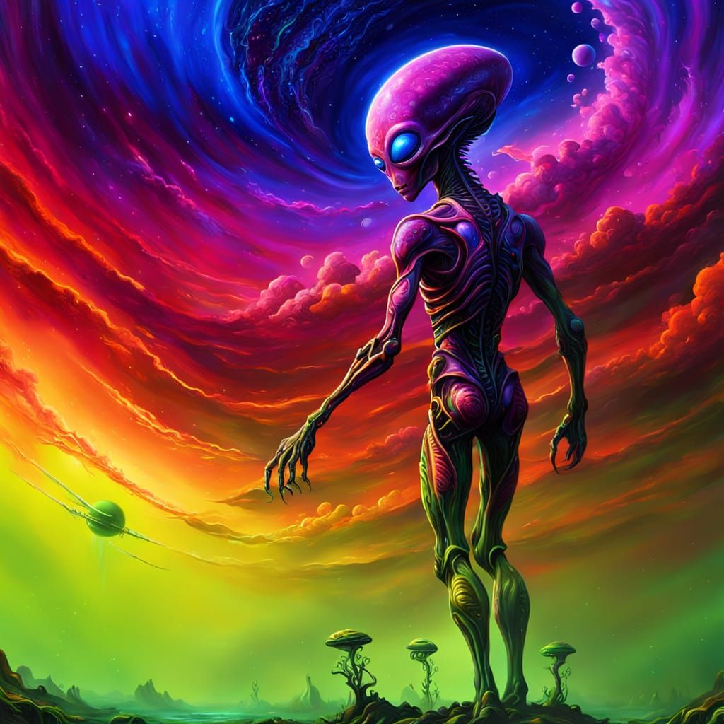 Alien on Bioluminescent Planet in Surreal Oil Painting