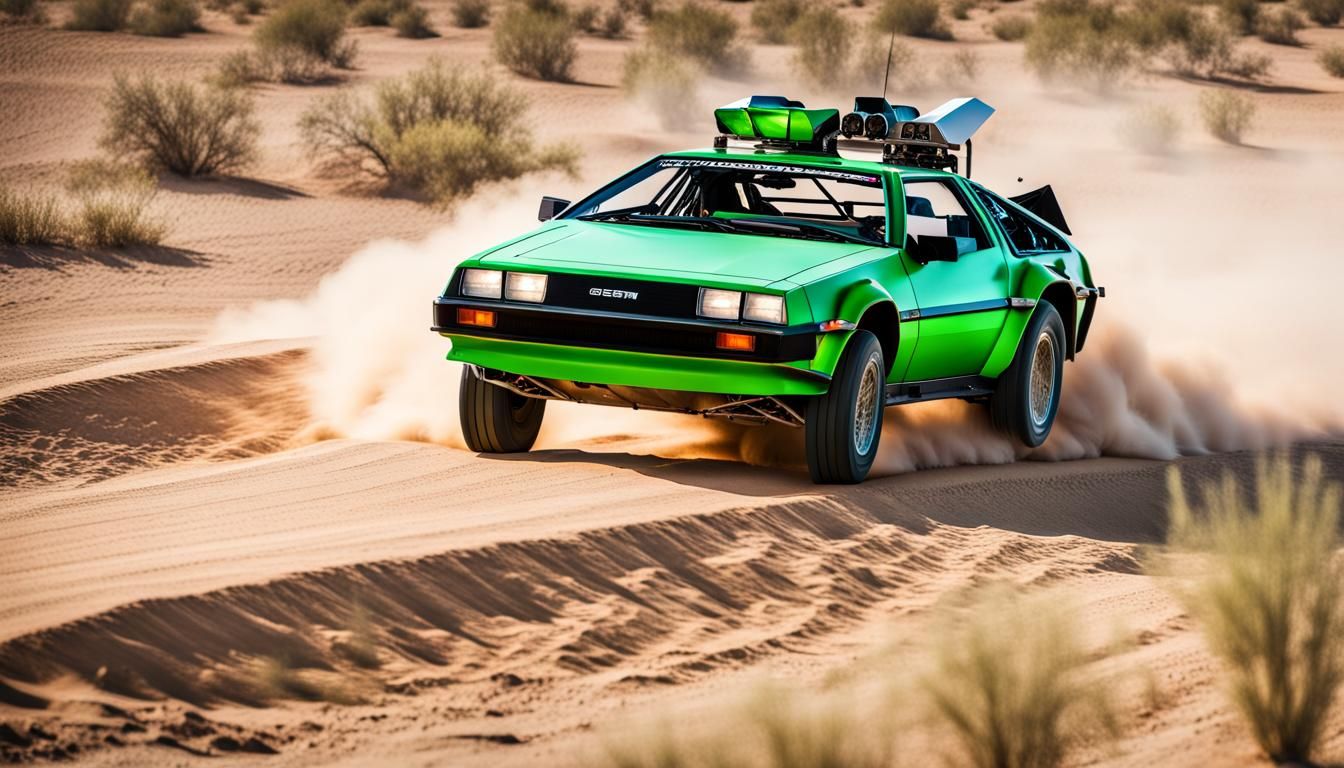 Green DeLorean Baja Race Car on Desert Track