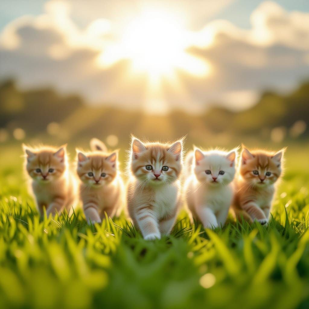 Fluffy Kittens on Vibrant Green Grass with Divine Sunshine